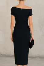 Solid Color Short-sleeved Fitted Waist Pleated Elegant Midi Dress