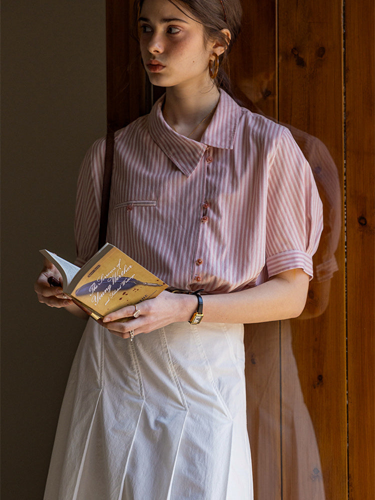 Cool Tencel Striped Collared Chiffon Blouse