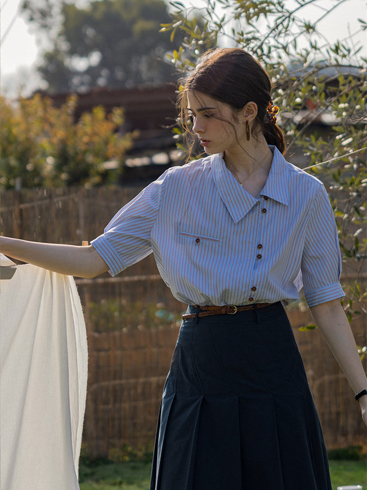 Cool Tencel Striped Collared Chiffon Blouse