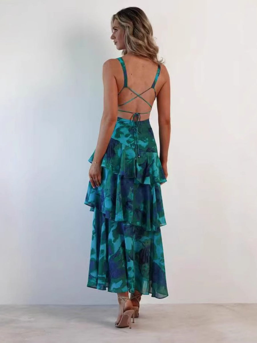 Floral Print Slim Fit Ruffled Spaghetti Strap Maxi Dress