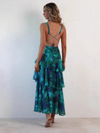 Floral Print Slim Fit Ruffled Spaghetti Strap Maxi Dress
