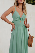 Twist V Neck Tie Back Cut Out Swing Maxi Cami Dress
