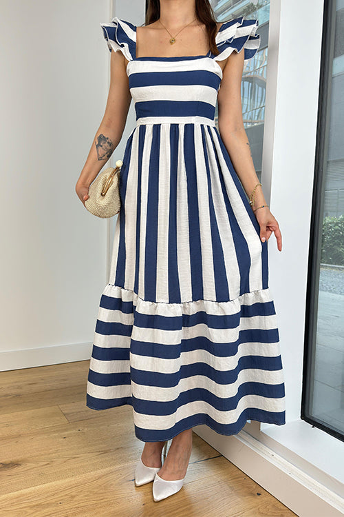 Square Neck Ruffle Sleeves Striped Maxi Dress