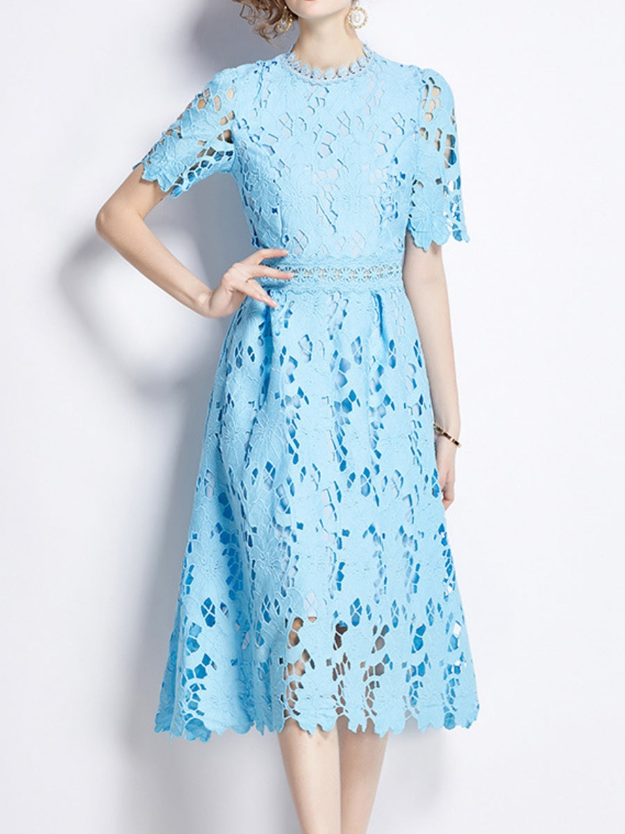 Water-soluble Lace Short-sleeved Slim-fit Midi Dress