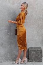 One Shoulder Cape Sleeve Ruched Waist Tulip Wrap Satin Midi Dress