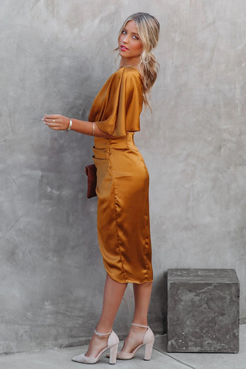 One Shoulder Cape Sleeve Ruched Waist Tulip Wrap Satin Midi Dress