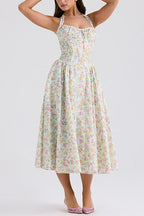 Halter Ruched Waist A-line Printed Midi Sundress
