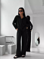Solid Color Cardigan With Pockets, Casual Wide-leg Trousers 2-piece Sets