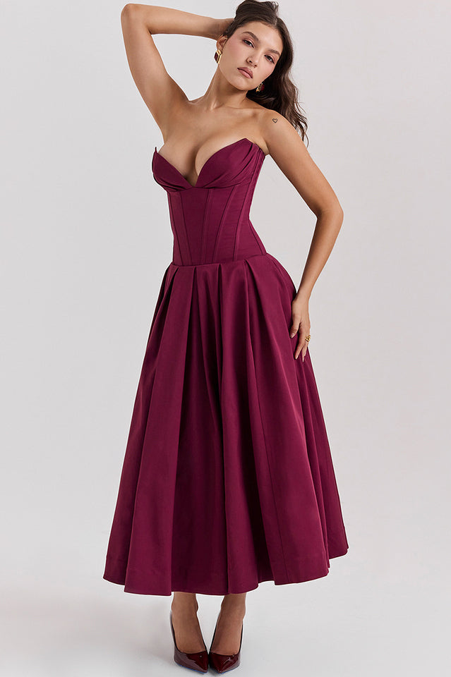 Strapless Plunging V-Neck Corset Bodice Box Pleat A-Line Midi Dress