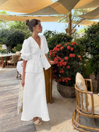 Pure Cotton Loose-fit V-neck Strappy Top Midi Skirt Set 2-piece Sets