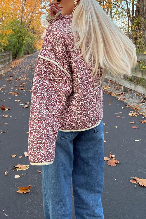 Stand Collar Open Front Floral Print Quilted Coat