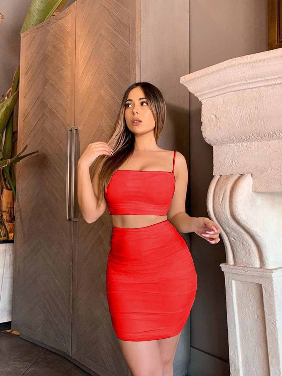 Liber Spring Women's Pleated Solid Color 2-piece Sets