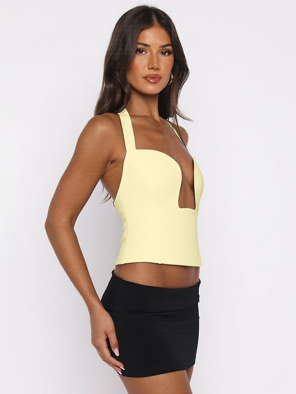 Hollow-out Bralette With Underwire, Tight-fitting Solid Color Halter Neck Double-layer Vest