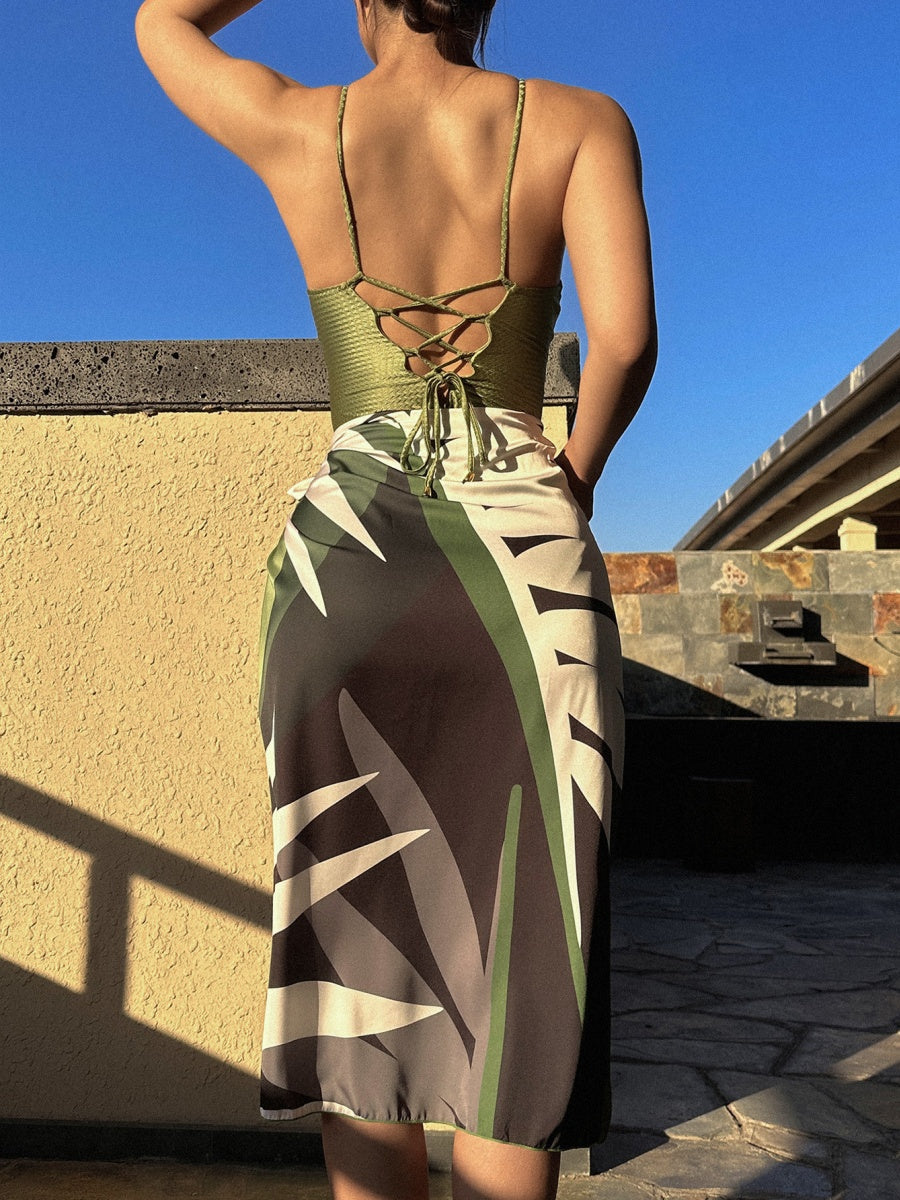 One-piece Swimsuit With Multi-colored Hollowed-out Gemstone Halter Straps, French Style.