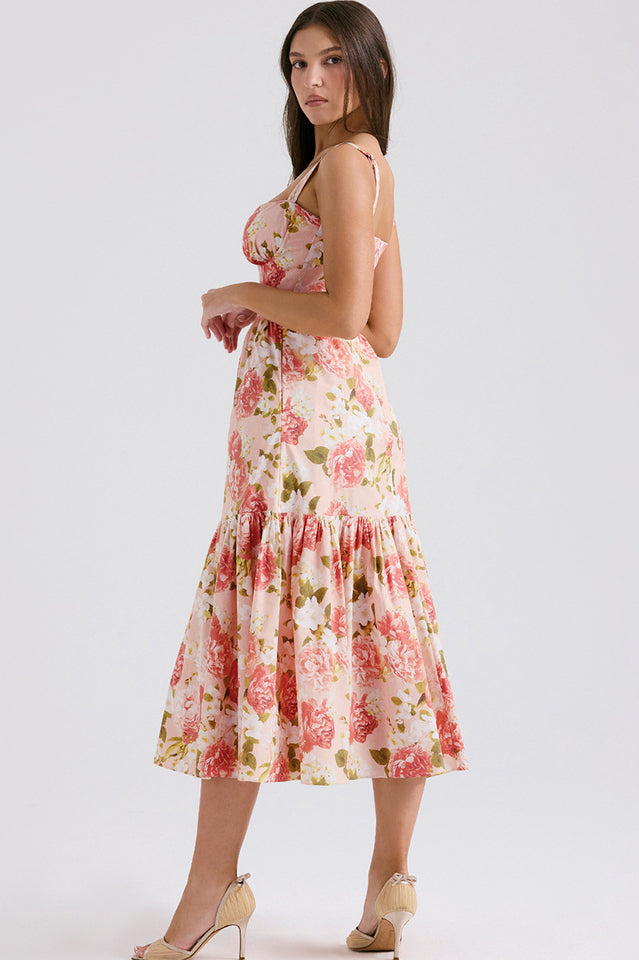 Sweetheart Bustier Wide Strap Floral Tiered Ruffle Midi Dress