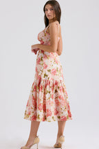 Sweetheart Bustier Wide Strap Floral Tiered Ruffle Midi Dress