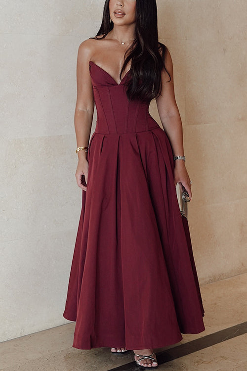 V Neck Strapless Corset Swing Maxi Dress