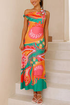 Asymmetric Shoulder Unique Print Swing Maxi Dress