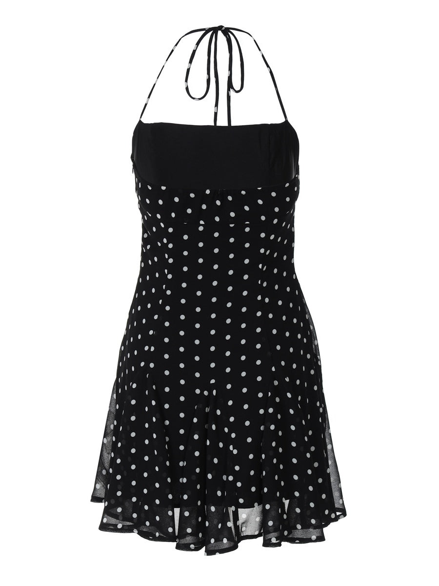 Polka Dot Print Fitted Waist Strapless Halter Neck Short Dress
