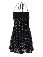 Polka Dot Print Fitted Waist Strapless Halter Neck Short Dress