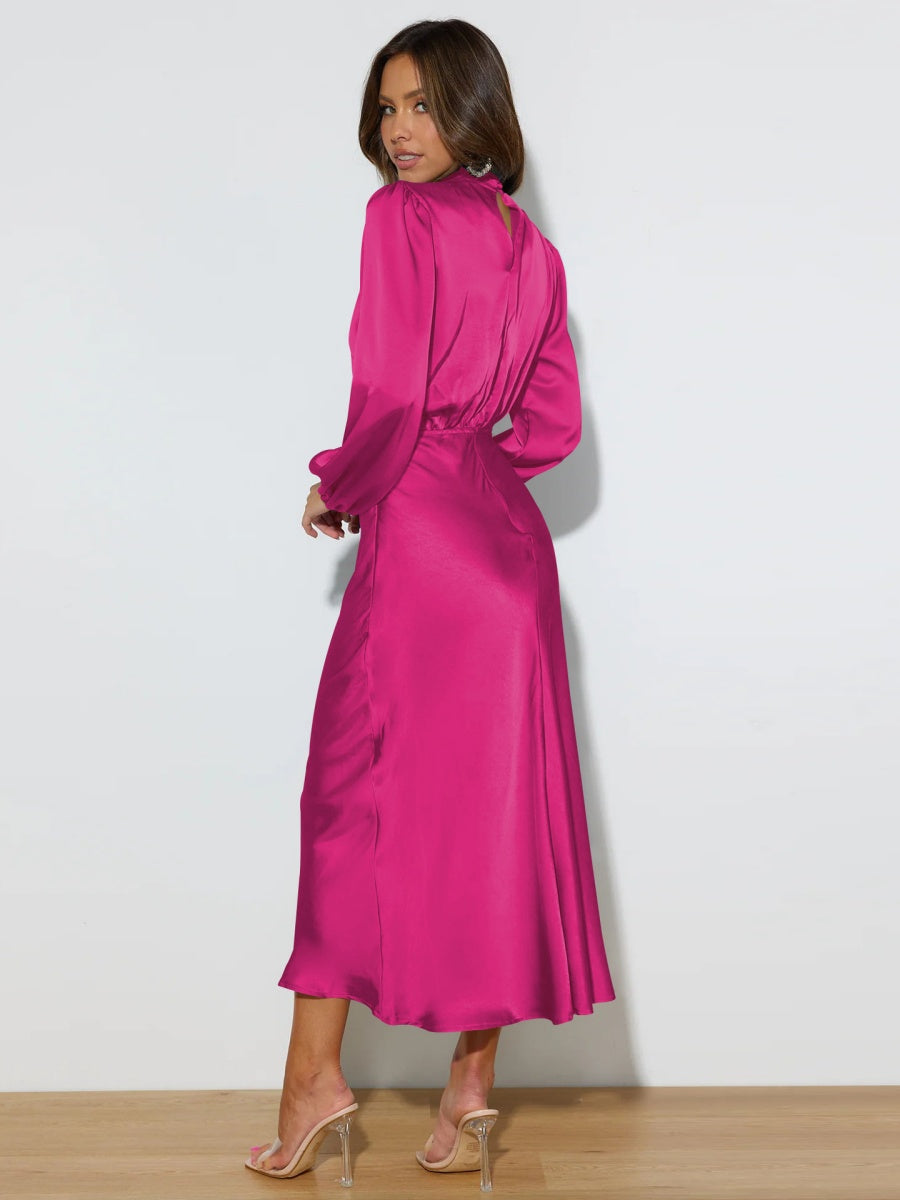 Satin Long Sleeve Zipper Solid Color Maxi Dresses