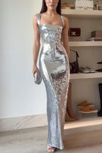 Sleeveless Open Back Sequin Bodycon Maxi Party Dress