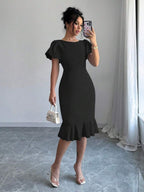 Round Neck Lantern Sleeve Ruffled Fishtail Midi Dress