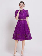 Lace Waist-cinching Hollow-out Midi Dress