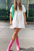 Puff Sleeves Button Down Ruffle Tiered Mini Shirt Dress