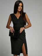 V-neck Sleeveless High-waisted Slit Dress Pleated Solid Color Short Dress