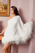 One Shoulder Feather Trim Cape Sleeve Mini Dress