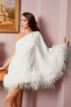 One Shoulder Feather Trim Cape Sleeve Mini Dress