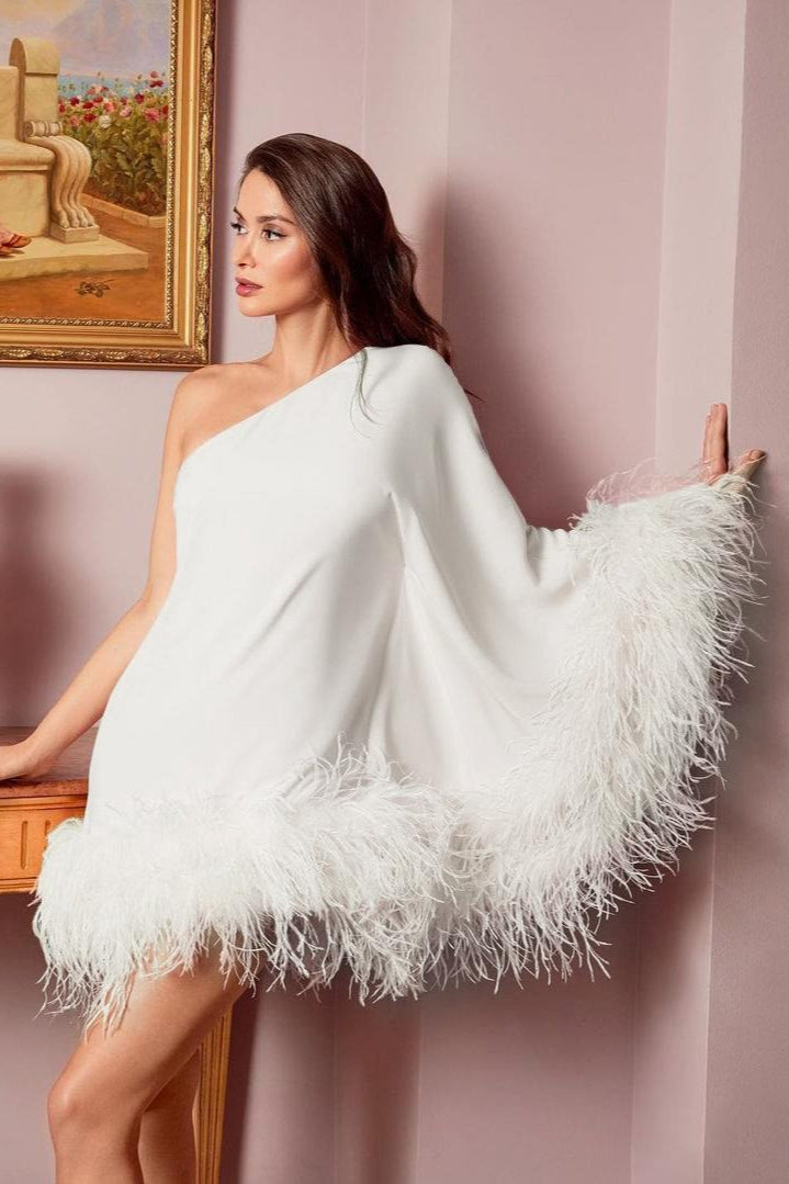 One Shoulder Feather Trim Cape Sleeve Mini Dress