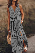 Letter Print Zipper Ring Pull V-Neck Side Slit Maxi Dress