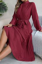 Mock Neck Lantern Sleeve Belted Pleated A-Line Midi Dress