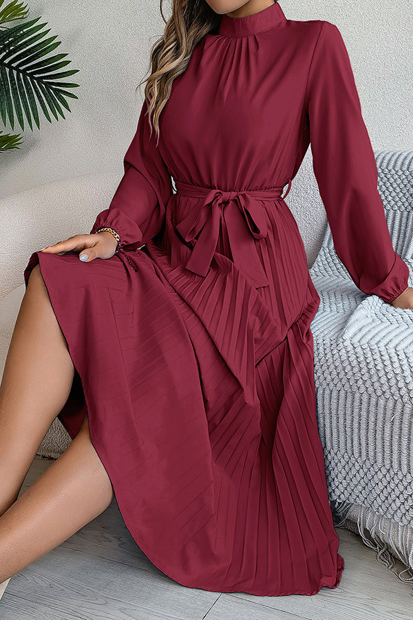 Mock Neck Lantern Sleeve Belted Pleated A-Line Midi Dress