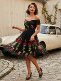 Rose Embroidered Vintage Midi Swing Dress for Women - 1950s Off Shoulder Style A-Line - Summer Tea Party 2026