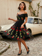 Rose Embroidered Vintage Midi Swing Dress for Women - 1950s Off Shoulder Style A-Line - Summer Tea Party 2026