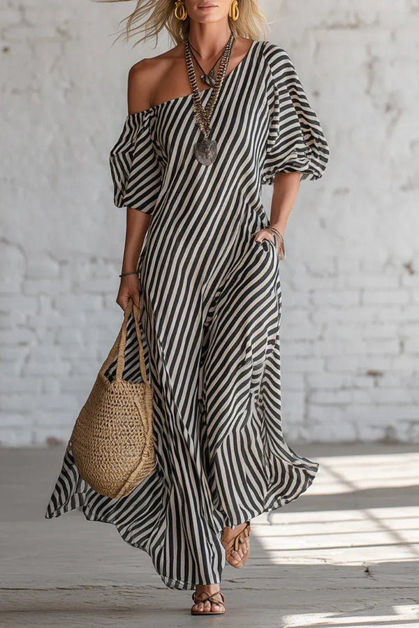 Fashionable Striped Print Slash Neck Puff Sleeve Casual Maxi Dress
