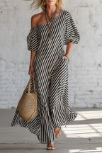 Fashionable Striped Print Slash Neck Puff Sleeve Casual Maxi Dress