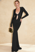 Deep V-Neck Cut Out Long Sleeve Ruched Bodycon Maxi Dress