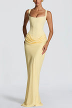 Larrah Square Neck Back Lace-up Satin Drape Hem Maxi Dress