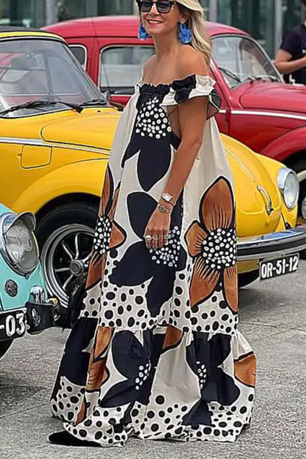 Off Shoulder Floral Polka Dot Print Tiered Pocket Maxi Dress
