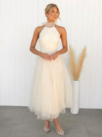 Tulle Midi Dress Halter Pleated Empire Waist Open Back Elegant Prom Dresses