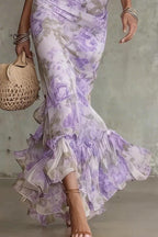 Unique Print Stand Collar Puff Sleeve Slim Fit Ruffle Maxi Dress