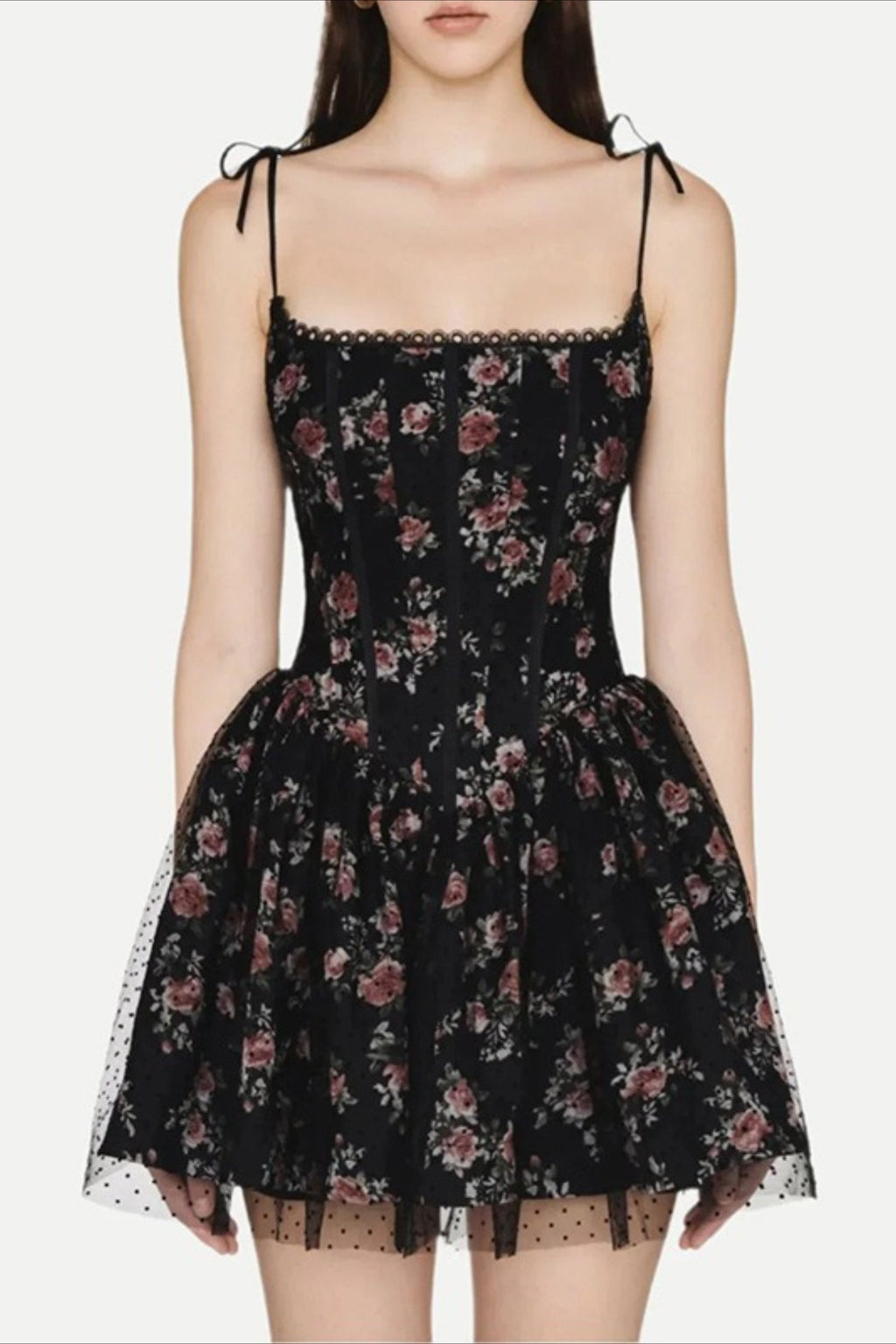 Floral Lace Trim Corset Bow Shoulder Spaghetti Strap Mini Dress