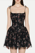 Floral Lace Trim Corset Bow Shoulder Spaghetti Strap Mini Dress