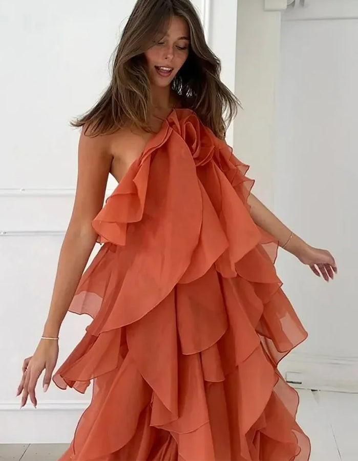 Chiffon Ruffle Halter Rosette Applique Tiered Maxi Dress