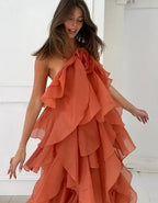 Chiffon Ruffle Halter Rosette Applique Tiered Maxi Dress