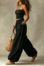 Olive Gypsy  pleated crop top and high-waisted wide-leg pants set